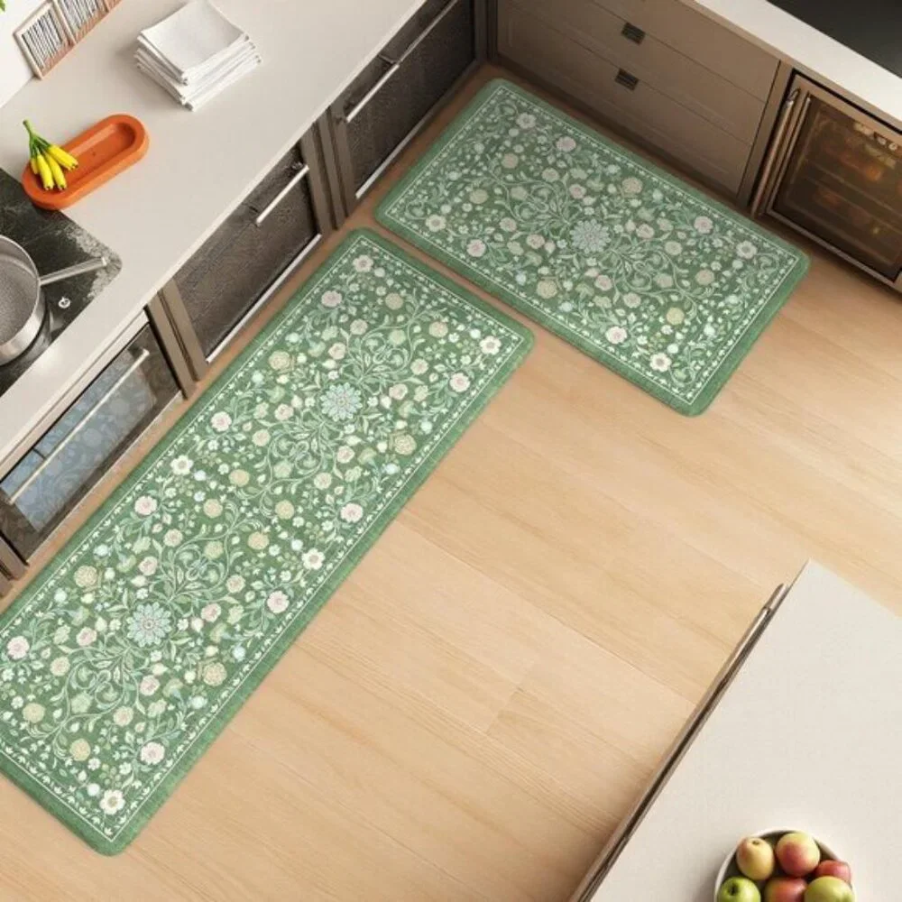 New 2Pcs Cushioned Kitchen Mats, Non-Slip Floral Anti-Fatigue Rugs in Green